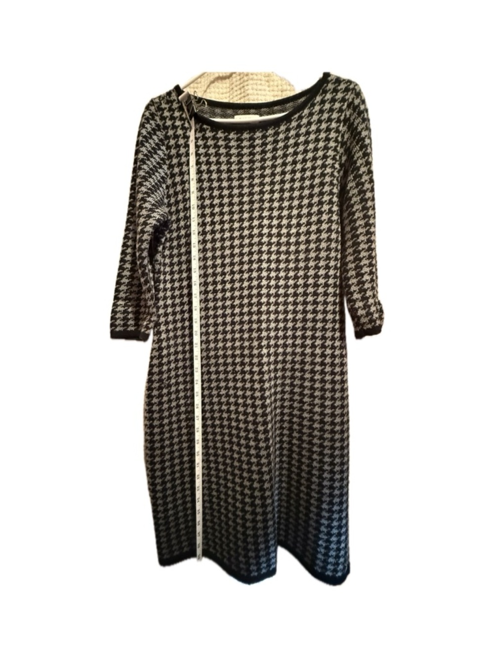Calvin Klein Black and White Houndstooth Long Sleeve Midi Dress